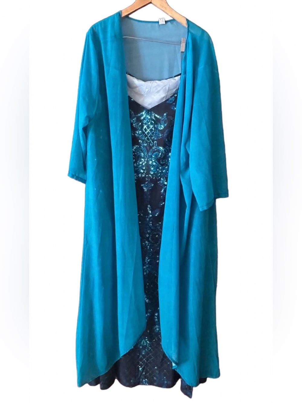 Teal 2-Piece Maxi Dress Set Asian 8X (Fits US 3X-4X) - Black Teal Foil Print + S